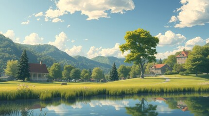 Serene Lakeside Landscape: A picturesque panorama unfolds with a tranquil lake mirroring a clear blue sky dotted with fluffy clouds, framed by lush green hills and quaint homes.