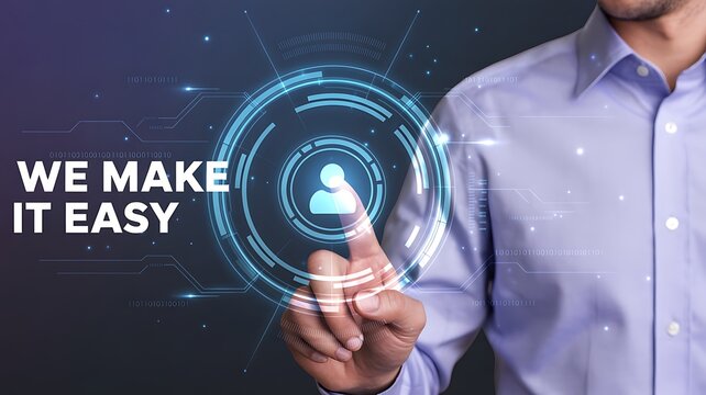 Man touching digital interface with text we make it easy in a futuristic setting