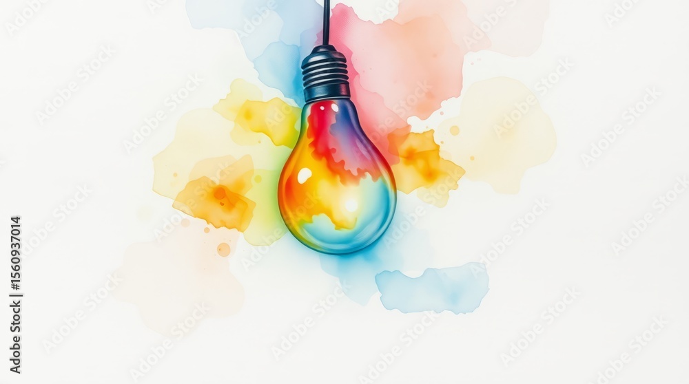 Poster colorful idea: a brightly illuminated light bulb dangles in the foreground, its glass shell shimmeri
