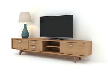 Modern wooden TV cabinet with table lamp isolated. 3d rendering.