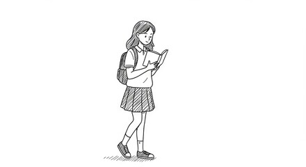 Smiling schoolgirl reading a book while walking, illustrated style on a clean white background, educational concept of schools or tutoring services