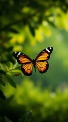 Fototapeta premium Butterfly's Gentle Dance in Green Haven: The image captures a butterfly gracefully hovering amidst the vibrant green leaves, the sunlight casting a warm glow.