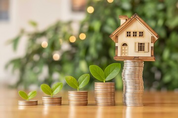 Stacks of coins with plants and a small house model representing financial growth