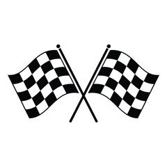 Two black and white checkered racing flags crossed on white background