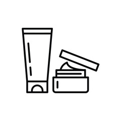 Simple line art icon of a cosmetic cream tube and an open jar with cream
