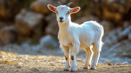 Naklejka premium White kid goat in sunny outdoor setting