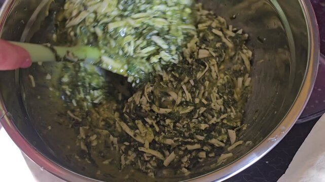 Delicious Homemade cheesy spinach quiche pie. spinach pie making process