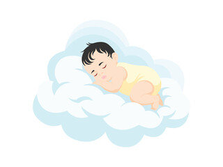 A peaceful baby with dark hair sleeps soundly on a soft, fluffy cloud against a white background, vector illustration.