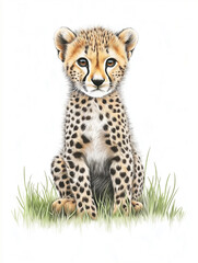 Cheetah cub illustration: spotted feline wildlife sitting in nature with grass and cute fur drawing