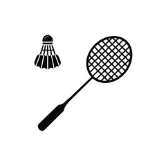 Black silhouette of a badminton racket and shuttlecock on a white background