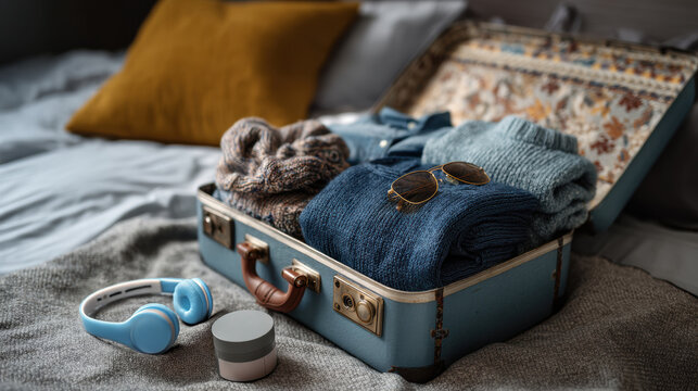 Stylish travel essentials arranged beautifully in an open suitcase on a cozy bed