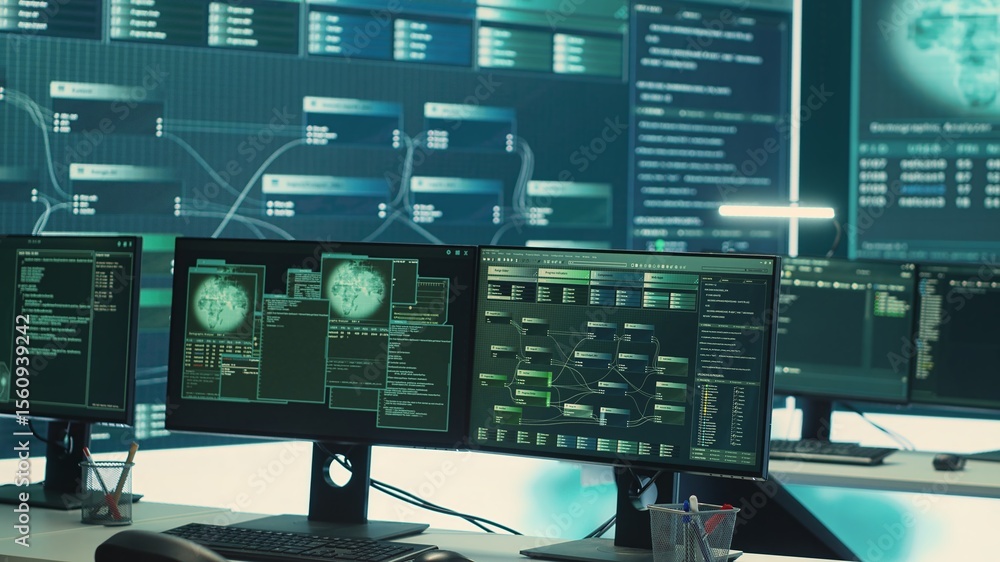 Poster empty governmental hacking and surveillance room with computers and network displays. focus on cyber