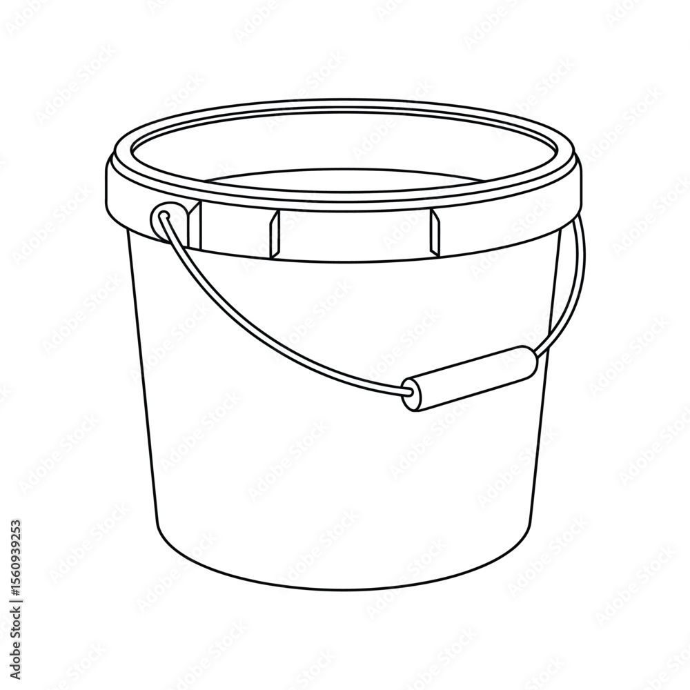 Poster simple line drawing of an empty plastic bucket with a wire handle and lid