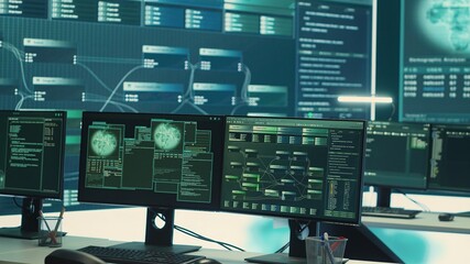 Empty governmental hacking and surveillance room with computers and network displays. Focus on cyber security monitoring, threat detection and cyber operations. Espionage agency. Camera A.