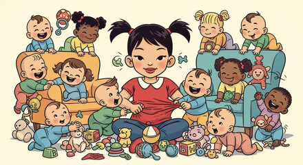 Cartoon babysitter with babies vector illustration childcare kids playing happy children daycare service