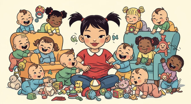 Cartoon babysitter with babies vector illustration childcare kids playing happy children daycare service