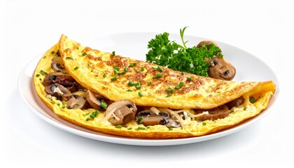 Golden mushroom omelet with fresh parsley garnish on a white plate