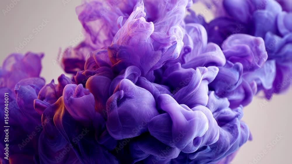 Poster macro shot of vibrant purple ink slowly mixing with clear water creating an abstract color explosion
