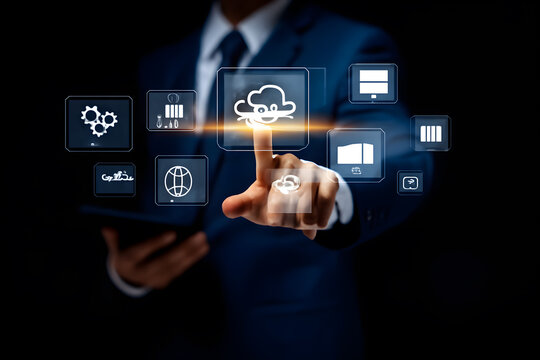 SaaS Platform – Cloud Software Service for Business Use Businessman using virtual SaaS icon for scalable software delivery.
