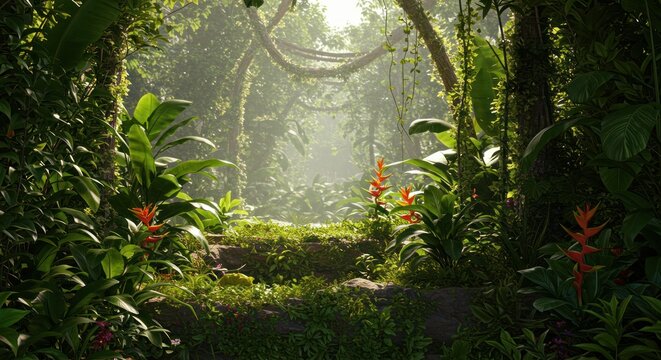 Lush Rainforest Path Sunlight Filtering Through Dense Tropical Foliage