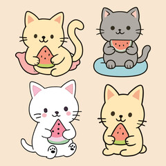 Kawaii Cats Eating Watermelon – Cute Summer Cat Vector Clipart for Stickers and Kids Art
