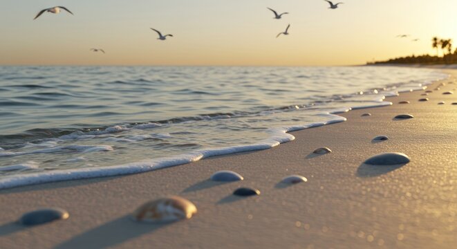 Seashells and Seagulls A Serene Sunset Beach Scene