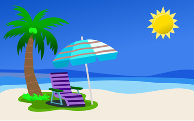 Tropical Beach Scene With Palm Tree, Chair, Umbrella, and Sun. Perfect for themes depicting leisure, summer, and holiday vacations.