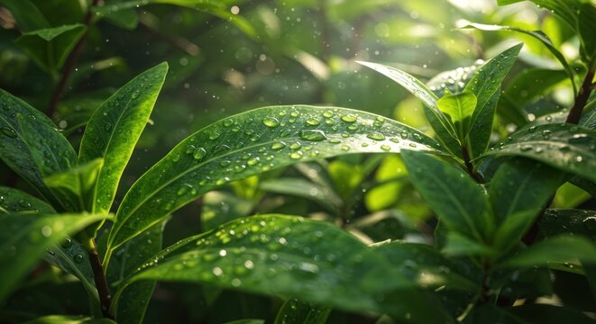 Morning Dew on Lush Green Leaves Nature's Serene Beauty