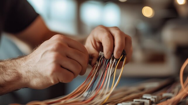 Hands working on intricate wiring connections in a modern electronics workshop during the day
