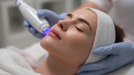 Skincare specialist performs facial treatment using device on woman's skin at beauty clinic