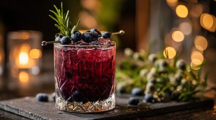 Blueberry Mocktail in Silver-Rim Glass on Slate