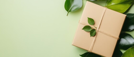 Gift wrapped with greenery on a pastel surface