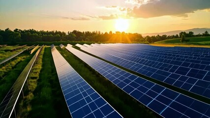 Extensive solar panel array spanning across a green field in the countryside during a vivid and bright sunset, clean energy solutions