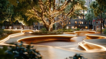 Fototapeta premium Illuminated Urban Park Bench Design With Tree Lights