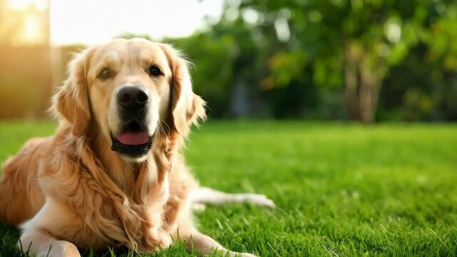 Golden retriever dog lying down on green grass in sunny outdoor garden with happy expression and tongue hanging out
