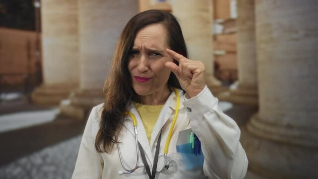 Young hispanic woman doctor pinches thumb and index finger for small size gesture on old town street; precision detail focus.