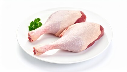 Two raw duck legs with parsley garnish on a white plate, studio shot