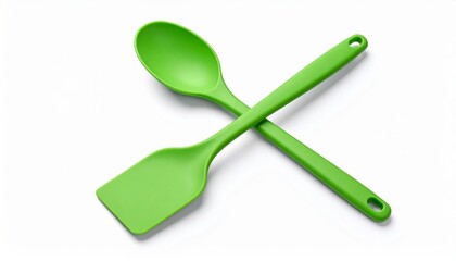 Lime Green Silicone Spatula and Spoon Crossed on a White Background