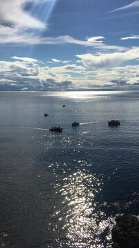 Fishing Boats Crisscrossing in the Sparkling Sea at Sunset in Sooke, British Columbia
