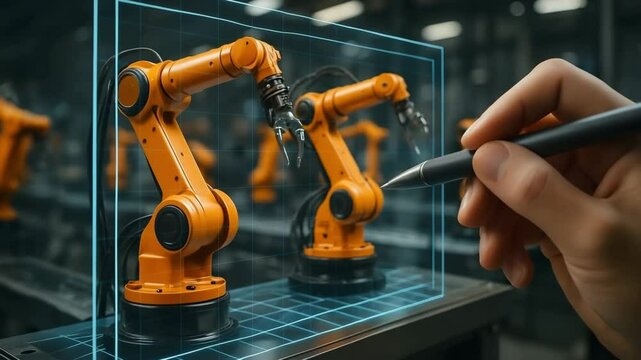 A hand uses a pen to design robotic arms on a transparent screen, showcasing advanced manufacturing technology and automation in a modern industrial setting. 