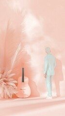 Musical serenity a man in pastel suit and guitar soft pink room artistic scene tranquil environment side view creative expression