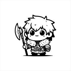 Adorable Chibi Warrior Boy with Messy Hair and Battle Axe – Black and White Vector Illustration