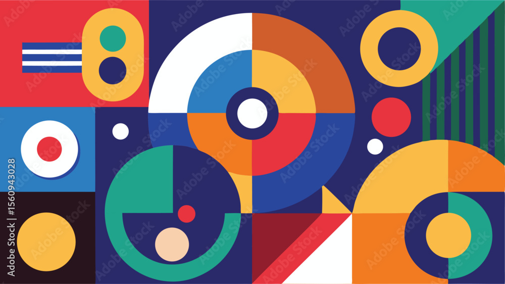 Poster abstract geometric composition featuring colorful shapes and minimalist design on transparent backgr
