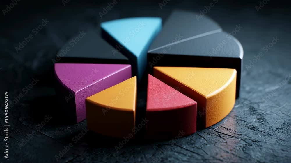 Poster vibrant pie chart displayed on a dark surface, representing market analysis and financial reports, w