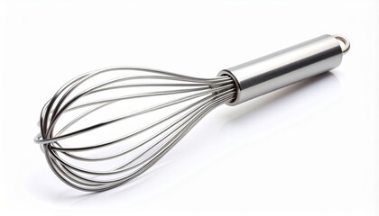 Stainless steel whisk with handle on a bright white background