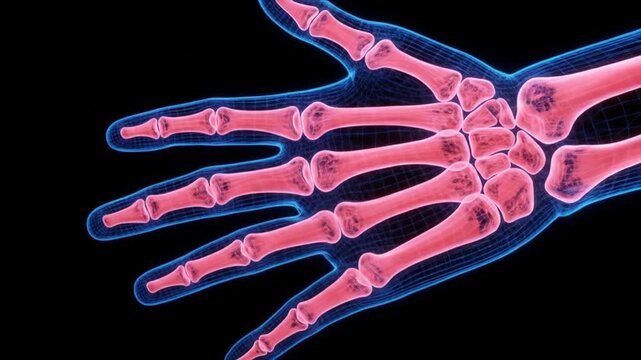 Digital illustration of a glowing hand skeleton anatomy