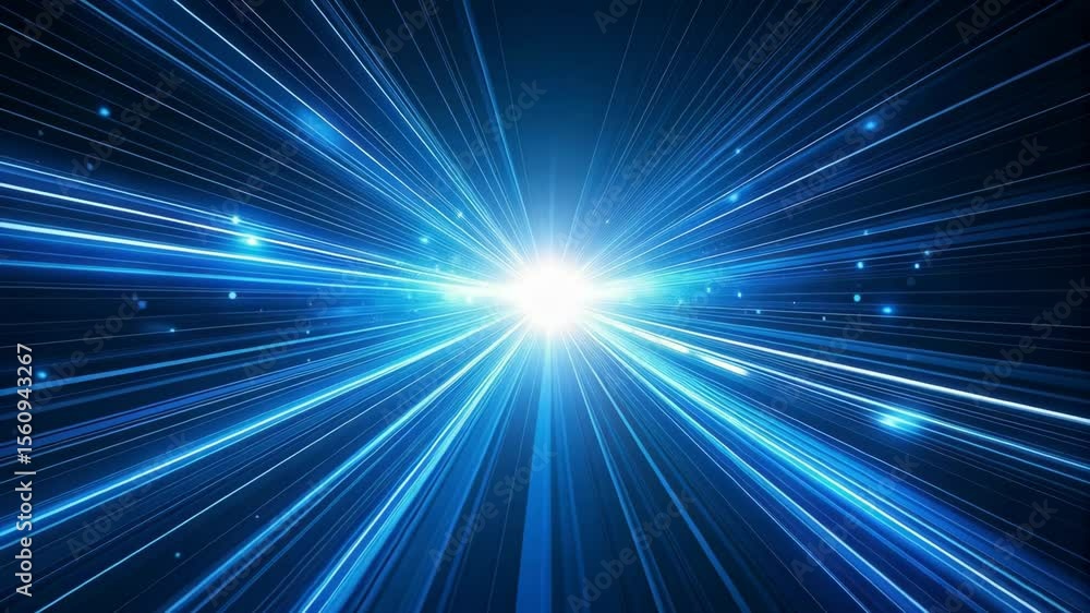 Poster abstract blue light trails converging on a bright central point, creating a sense of speed and techn
