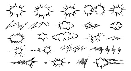 Collection of hand drawn cartoon elements including explosions lightning and clouds