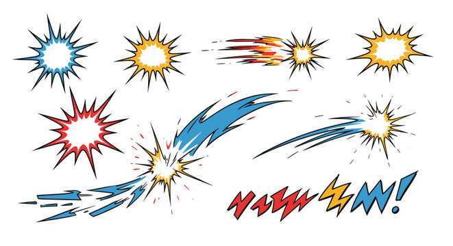 Illustration of various comic book style explosions and effects in different colors and forms