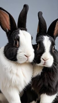 Portrait of two adorable black and white Dutch rabbits nestled together on a neutral background, showcasing their expressive faces.